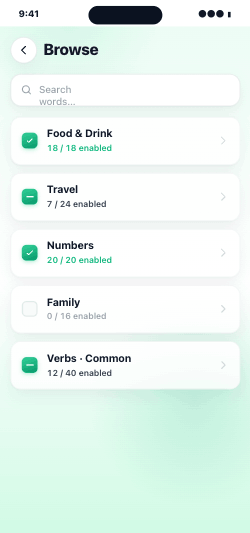 Racki browse screen listing course sections with enabled word counts